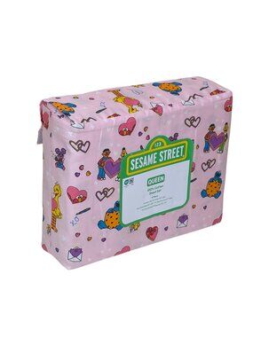 Sesame Street Queen Cotton Sheet Set Pink Hearts 4 Pc Elmo Bert Big Bird
